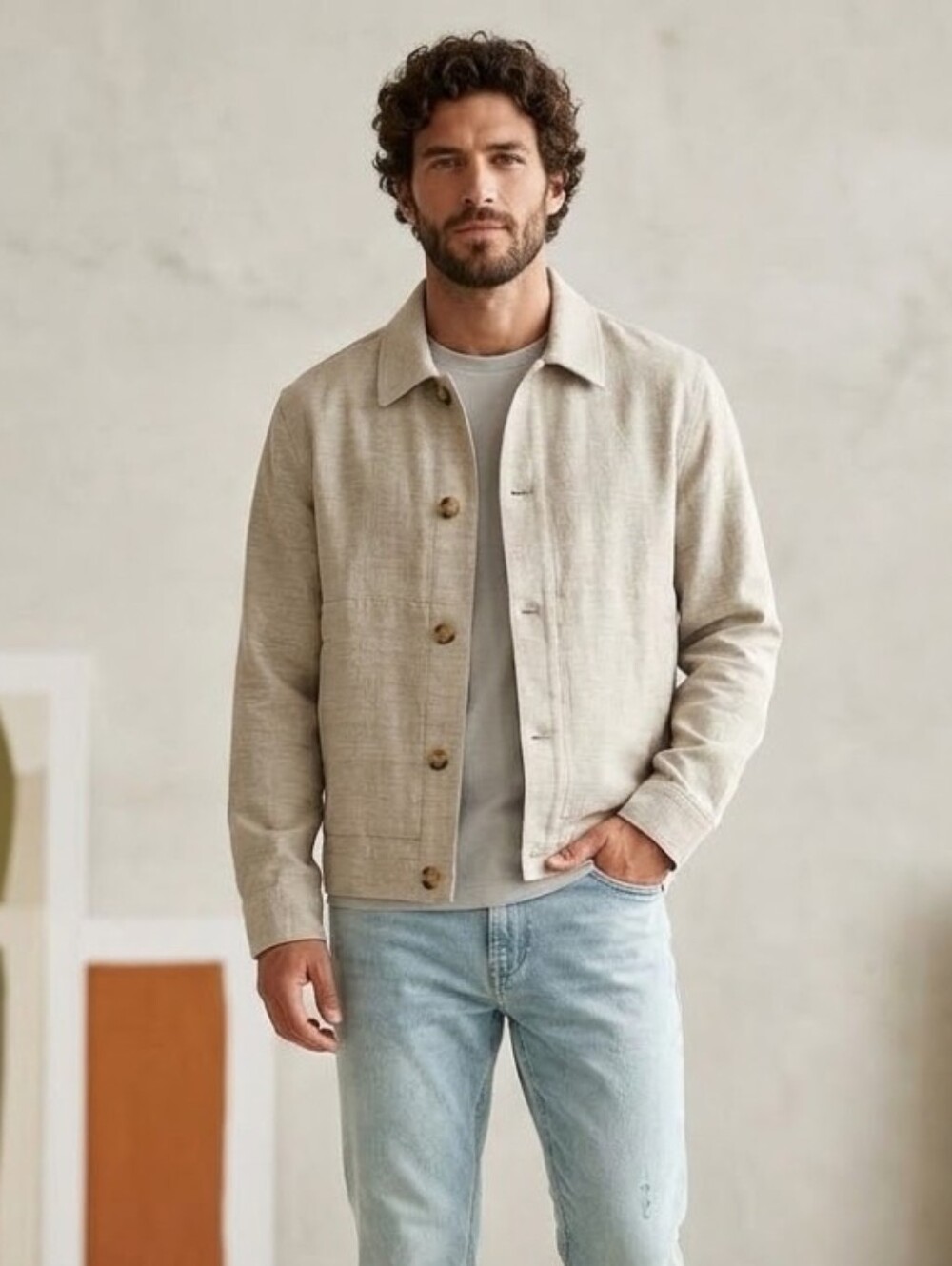 Zara Men Textured Linen Blend Overshirt Worker Jacket Beige size Small